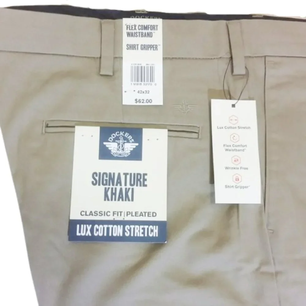 NWT Dockers Signature Khakis, Pleated, Classic Fit Pants, Men's, Tan 42 X 32 - Picture 2 of 2